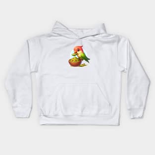 cute love birds are eating Mexican specialties, Tacos, Burritos, Enchiladas, Quesadillas, Guacamole, Fajitas, Chiles Rellenos, Tamales, Mole, Chilaquiles, Kids Hoodie